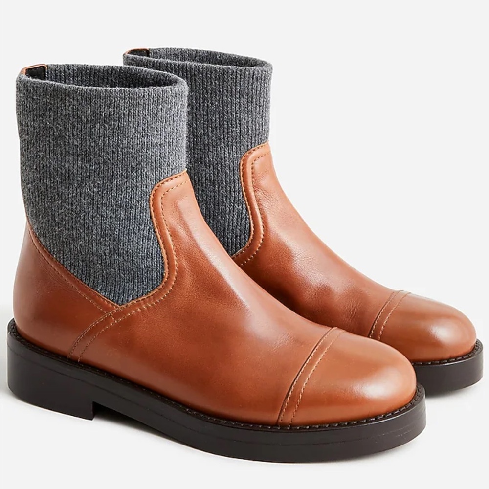 J. Crew Tan Leather Ankle Boots with Gray Knit Shaft